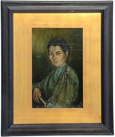 Firma indecifrata "Ritratto di signora" olio su tela applicata a compensato...