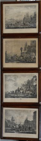 Gruppo di quattro antiche incisioni da Wouvermens raffiguranti paesaggi con...