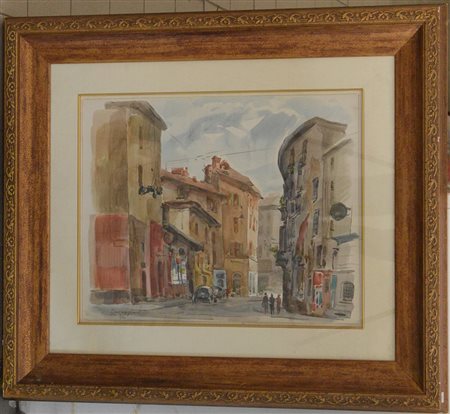 Emilio Kalchschmidt "La via Laghetto, Milano" acquerello (cm 39x49) firmato e...