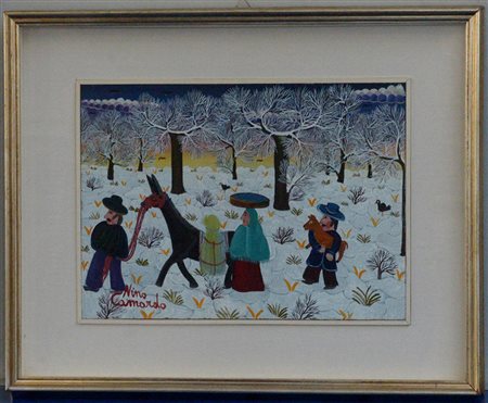 Nino Camardo "Paesaggio con figure", olio su compensato (cm 25x35) firmato in...