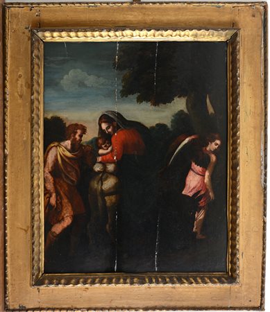 Ignoto, "Riposo durante la fuga in Egitto", olio su tavola (cm 87x69). In...