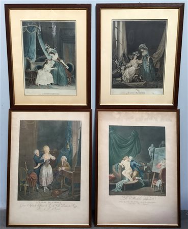 Lotto di quattro stampe francesi a colori raffiguranti scene erotiche e...