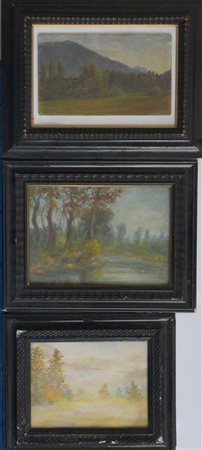 Lotto di tre dipinti ad olio raffiguranti paesaggi boschivi, autori e misure...