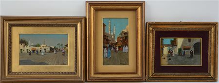 Luigi Cagliani Lotto composto da tre dipinti ad olio raffiguranti "Il Cairo"...