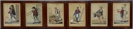 Gruppo di sei incisioni colorate del secolo XIX raffiguranti mestieri, in...
