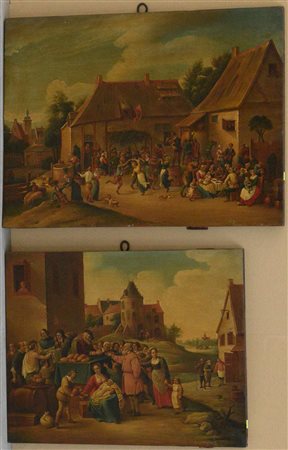 Lotto di due dipinti raffiguranti scene di genere, secolo XX (cm 43x58 e...