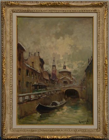 Ivan Karpoff (Novocerkask 1898 - Milano 1970)"Naviglio a Milano" olio su tela...