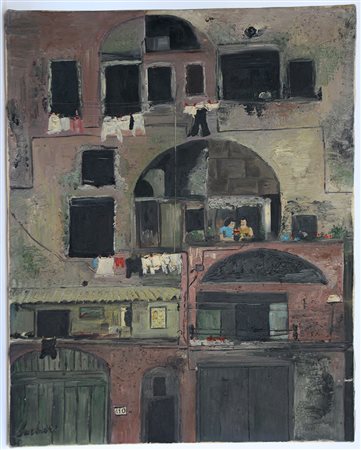 Firma indecifrata, “Balconi”, olio su tela (cm 50x40), firmato in basso a...