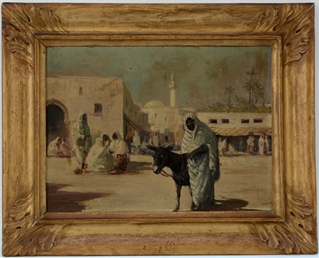 Ignoto del XX Secolo "Scena orientale" olio su compensato (cm 28x38.5) Al...