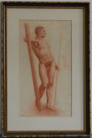Firma indecifrata "Nudo maschile" sanguigna su carta (cm 47x26) Firmato e...