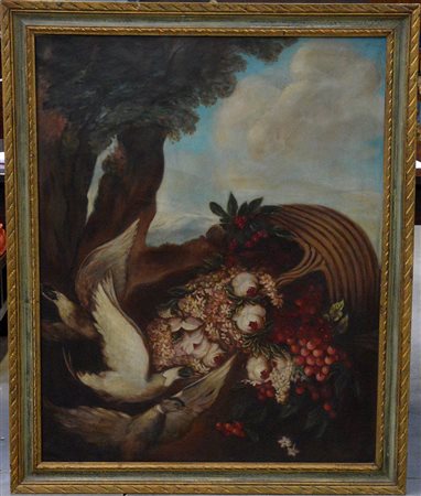 Ignoto, "Paesaggio con cesto di fiori e anatre", olio su tela (cm 100x80), in...