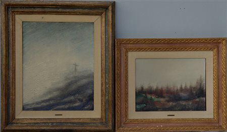 Ignoto, lotto di due dipinti ad olio su cartone telato raffiguranti paesaggi,...