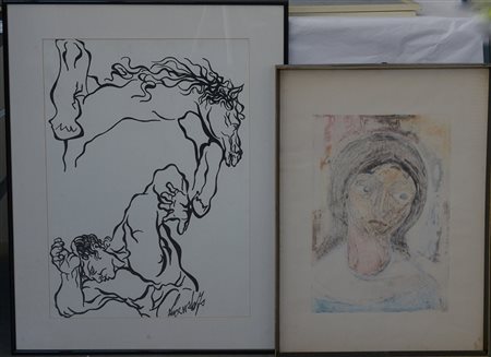 Lotto di quattro opere figurative di artisti, tecniche e dimensioni...