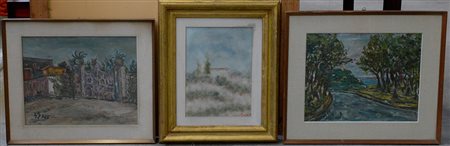 Lotto di tre dipinti ad olio su tela raffiguranti paesaggi, autori e misure...