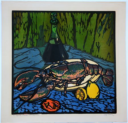 Luigi Servolini (Livorno 1906 - 1981)"Il lupicante" xilografia a coloricm...