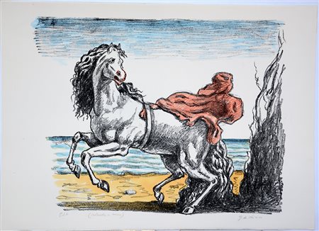Giorgio de Chirico (Volos 1888 - Roma 1978)"Cavallo con manto rosso" 1969,...