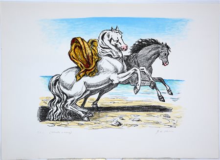 Giorgio de Chirico (Volos 1888 - Roma 1978)"Cavalli sulla spiaggia" 1970,...