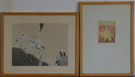 Lotto di due opere a tecnica mista di autori e misure differenti, in cornici...