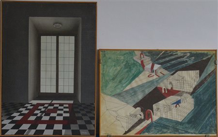 Lotto di due opere a soggetto architettonico su tela e carta da lucido,...