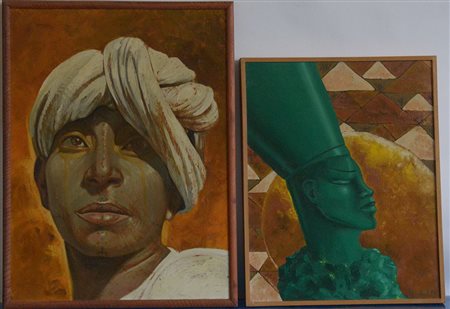 Lotto di due dipinti ad olio raffiguranti volti di autori e misure...