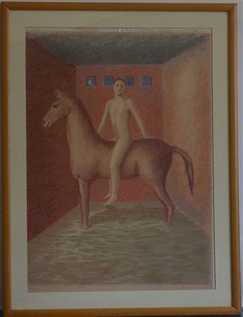 Firma indecifrata, "Cavallo e cavaliere", pastelli colorati su cartoncino (cm...