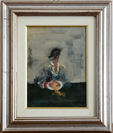 Ignoto "Figura con piatto", olio su tela (cm 24x18) firmato in basso a destra...