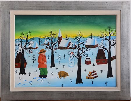 Ignoto, "Paesaggio innevato" olio su tela (cm 59x70) firmato e datato al...