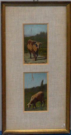 Scuola del secolo XIX "Pecore" coppia di dipinti ad olio su tavoletta (cm...