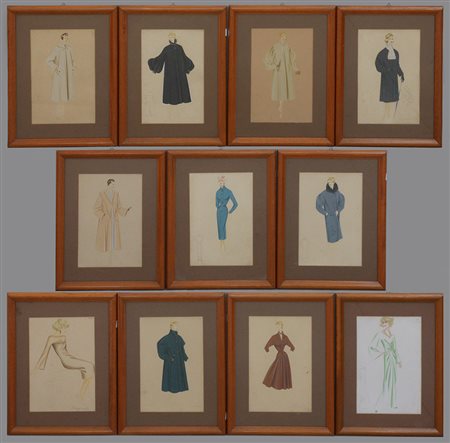 Lotto di undici disegni oroginali di abiti d'alta moda (cm 37x47) In cornici...