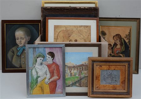 Cartone contenente numerosi quadri di soggetto, tecniche e dimensioni...