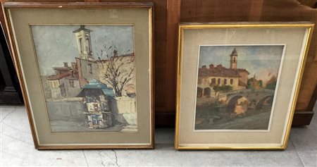 Lotto di due dipinti ad olio su tela e compensato raffiguranti scorci urbani,...