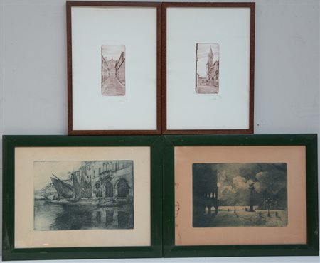 Lotto di sette opere grafiche raffiguranti paesaggi, autori e misure...