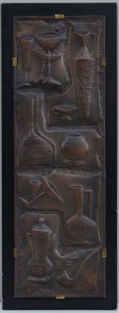 Ignoto, pannello in rame sbalzato raffigurante nature morte, montato su...