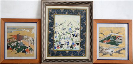 Lotto di tre dipinti di cui due giapponesi e uno di manifattura indiana con...