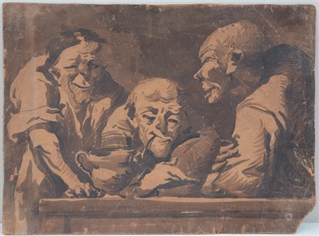 Antico disegno figurativo monocromo, china su cartone (cm 46x62) (difetti e...