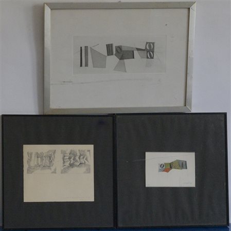 Lotto di due disegni e un'incisione di autori e misure differenti, in cornici...