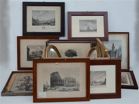 Cartone contenente numerose stampe di autori e soggetti diversi, in cornici...