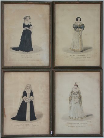 Lotto composto da quattro stampe a colori raffiguranti donne in abiti...