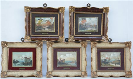 Cargnel "Paesaggi con figure" gruppo di cinque olii (cm 10x12) in cornici...