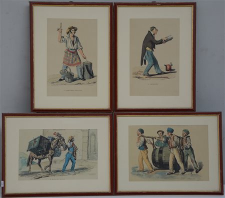 Lotto composto da otto litografie a colori raffiguranti antichi mestieri, in...