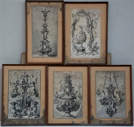 Lotto composto da cinque antiche incisioni di misure diverse, in cornici...
