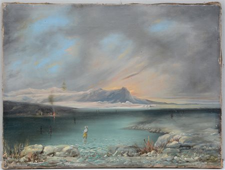 Firma indecifrata "Paesaggio fluviale con figure" olio su tela (cm 45x60)...