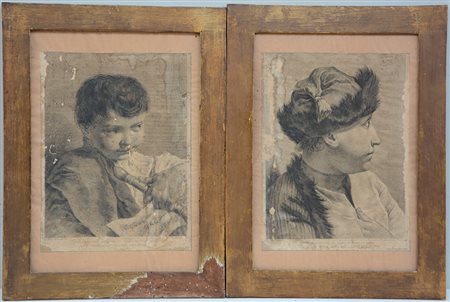 Coppia di antiche stampe raffiguranti personaggi in cornici (difetti)