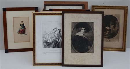 Cartone contenente numerose stampe di autori, misure e soggetti diversi, in...