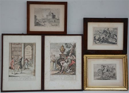 Lotto composto da cinque antiche incisioni di autori e soggetti diversi, in...