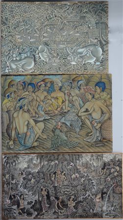 Lotto composto da tre dipinti balinesi di soggetti e misure diverse (difetti)