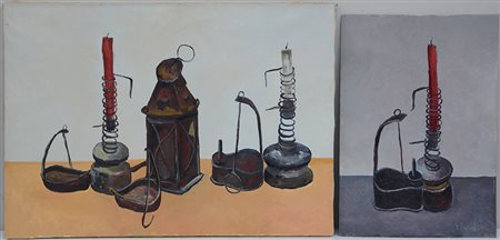 Firma indecifrata, lotto di due nature morte con lucerne e candelieri, olii...