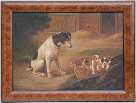 Ignoto "Cortile con cani" olio su tela (cm 50x70) in cornice