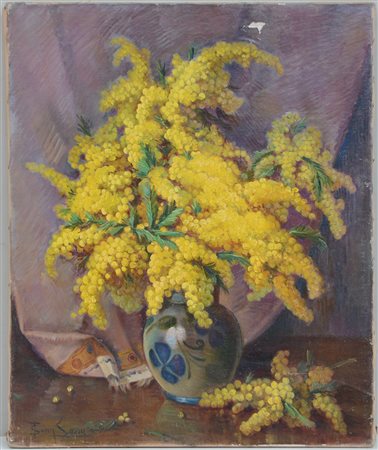 Firma indecifrata "Vaso con minose" olio su tela (cm 76x80) firmato in basso...