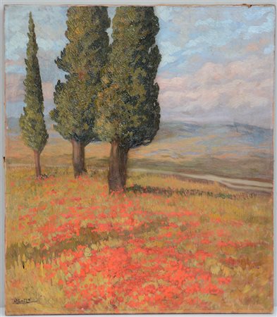 Firma indecifrata "Paesaggio con alberi e papaveri" olio su tela (cm 77x66)